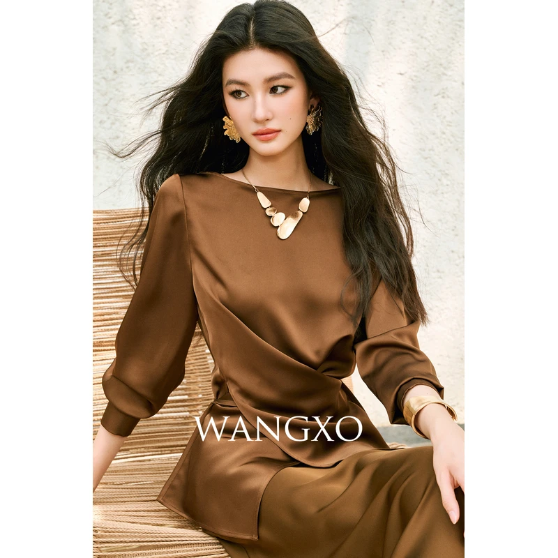 WANGXO  一字肩交叉双面缎绑带收腰套装 250907W