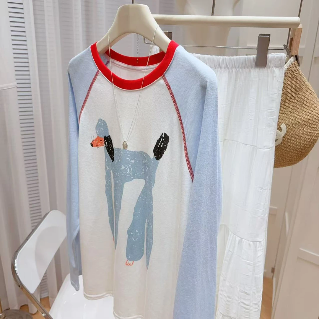 撞色插肩袖防晒衫2025春夏女拼接圆领宽松休闲百搭长袖T恤