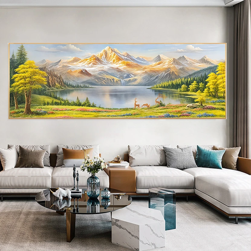 26年新款聚宝盆沙发背景茶室客厅横幅晶瓷镶钻铝合金边框装饰画