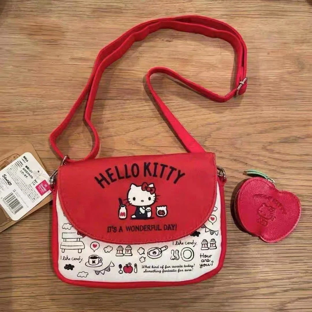 日系中古红色kitty猫斜挎包包收纳包手机包可爱森系挂件小零钱包