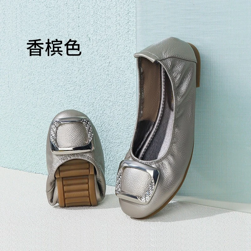 浅口豆豆鞋时尚单鞋舒适防滑冷粘薄款香槟色圆头休闲百搭真皮软底