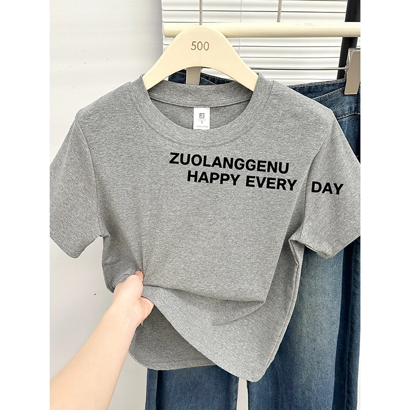 设计感正肩短袖T恤女夏季新款韩版字母印花时尚休闲半袖圆领上衣