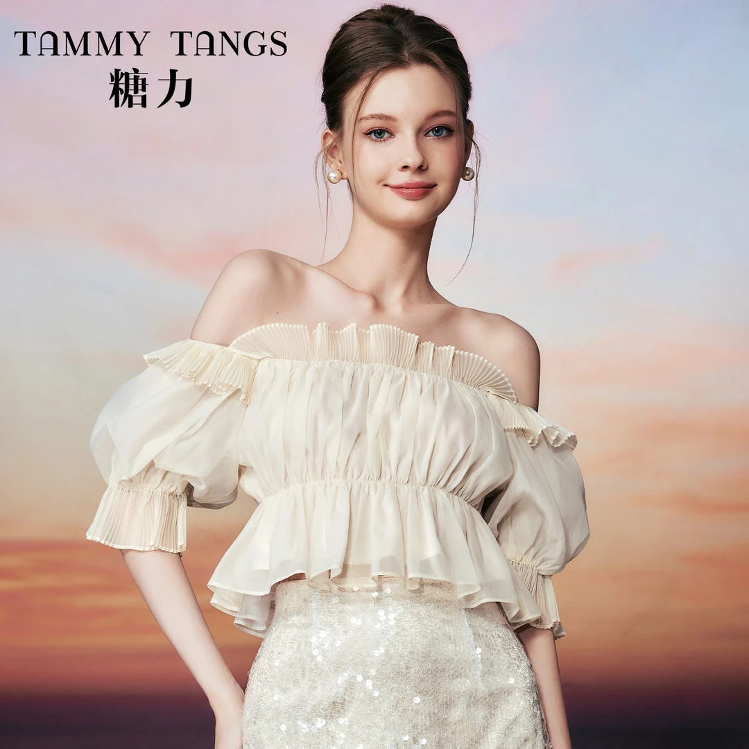 1290【CC专属】糖力欧根纱一字肩上衣TWRXS51290