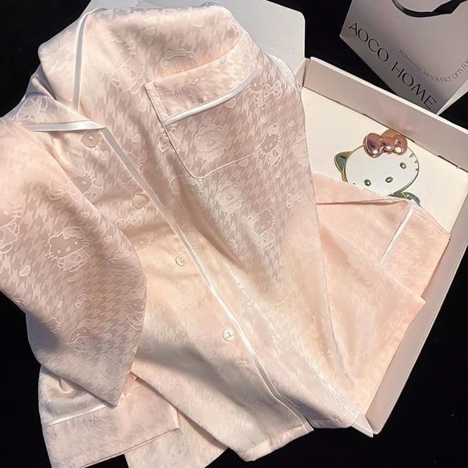 可爱kitty猫睡衣女款春秋夏季2025新款长袖冰丝短袖高级感家居服