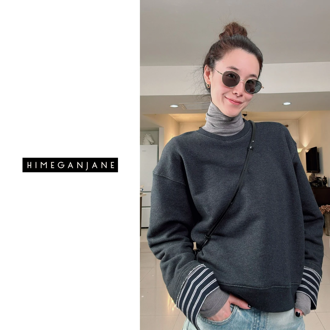 HIMEGANJANE黑灰花纱拼接破边袖口复古感卫衣25164