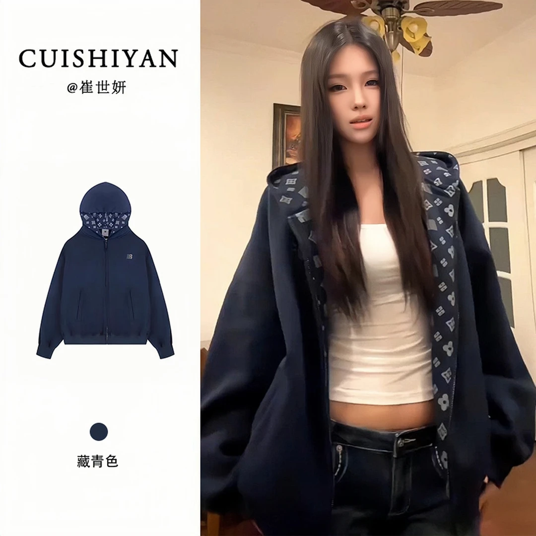 美式复古潮牌印花连帽卫衣女秋冬2025新款巨好看宽松拉链开衫外套