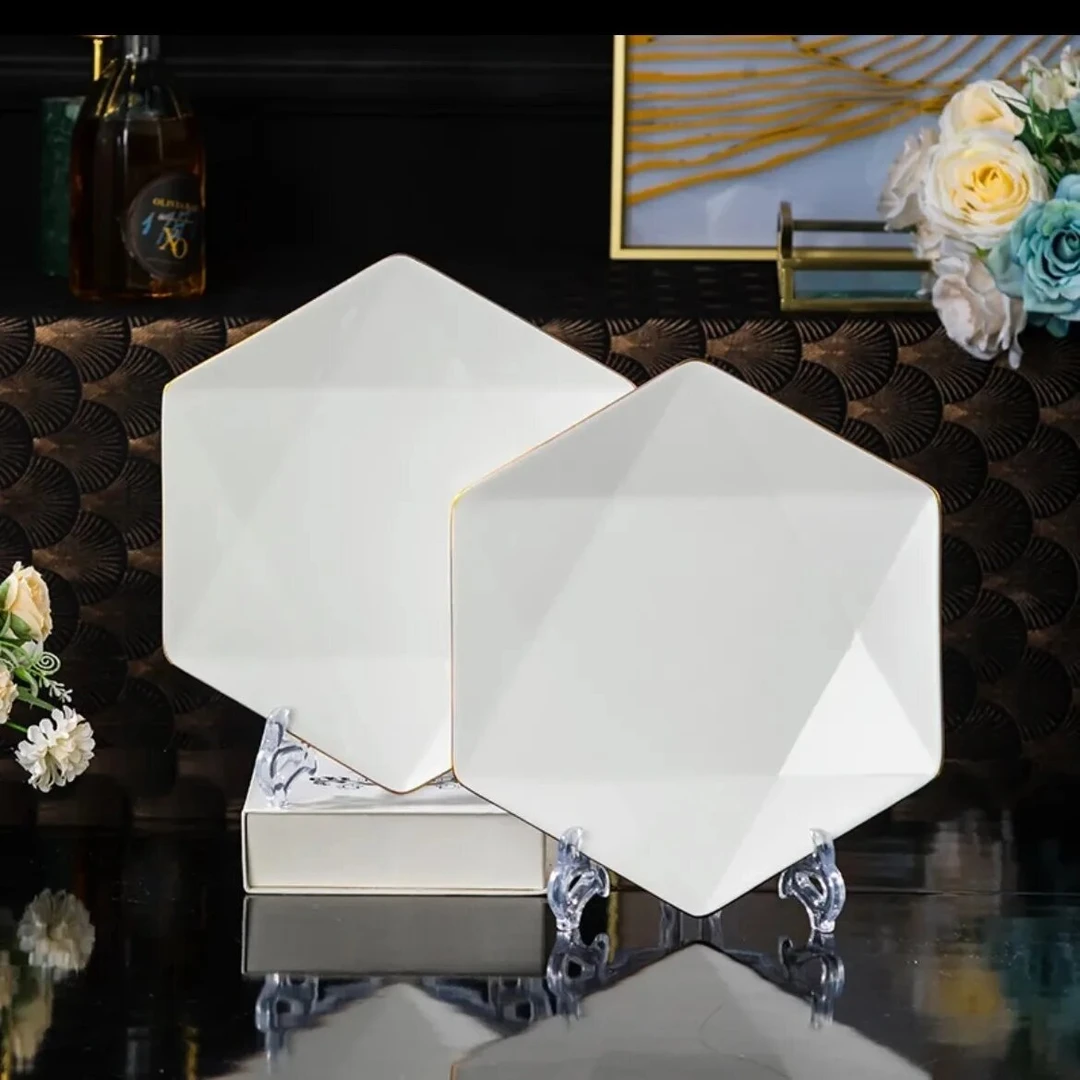 （2只装）简约金线钻石六角盘陶瓷盘欧式复古日常简约家用餐盘