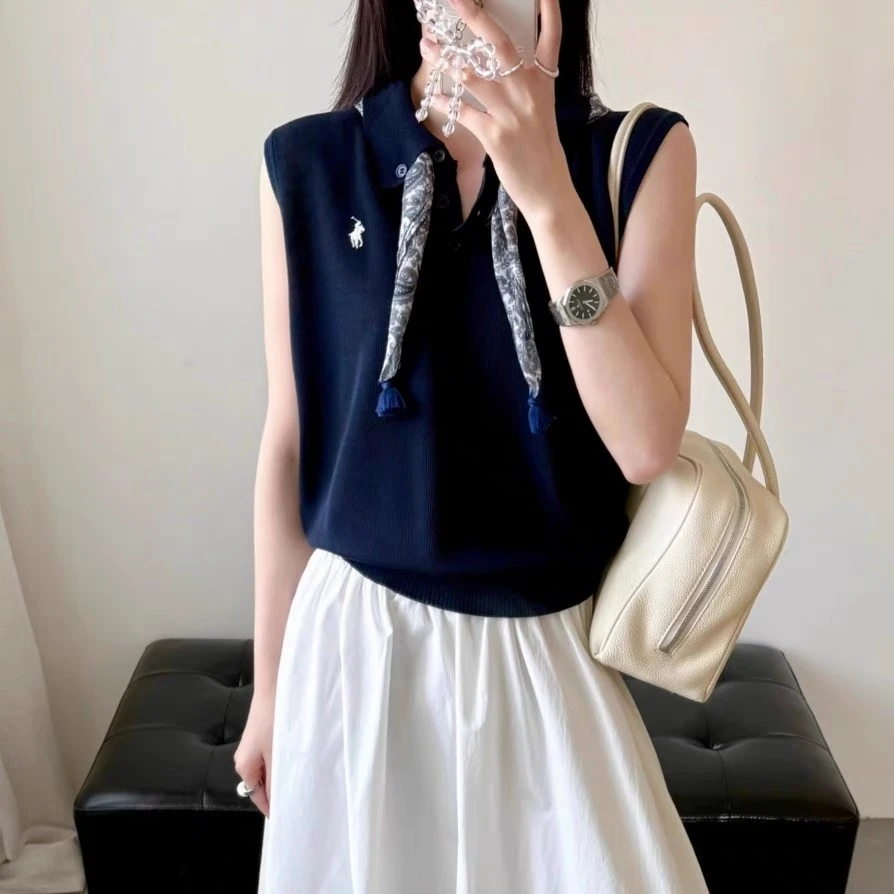 「阿男Anna」polo花苞三件套  老钱风polo衫刺绣丝巾裙套装256-9337