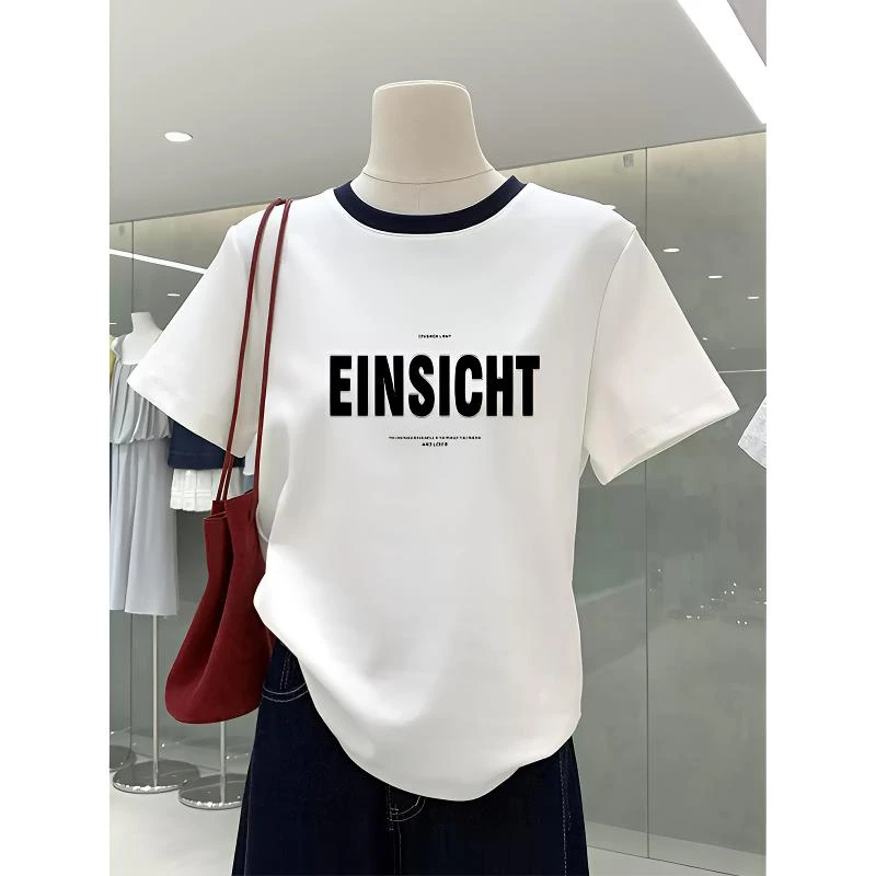 2025夏季新款正肩圆领拼色纯棉短袖时尚百搭白色t恤女高级感上衣