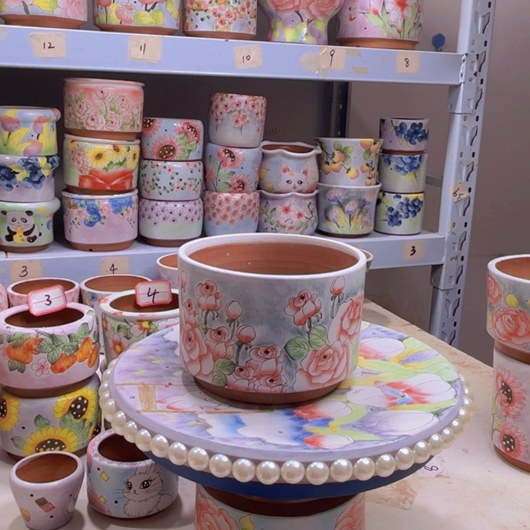多肉植物手绘花盆粗陶景德镇2