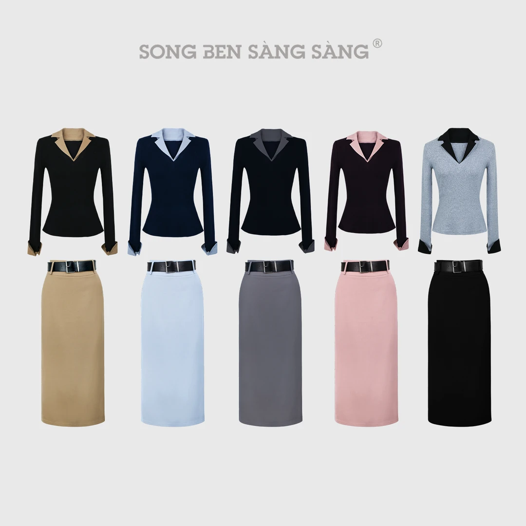 松本丧丧早秋套装黑色假两件V领套装裙两件套百搭时尚B253H0136