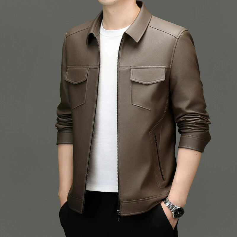 2025新款男士皮夹克翻领潮流纯色工装皮衣春款中青年百搭休闲外套