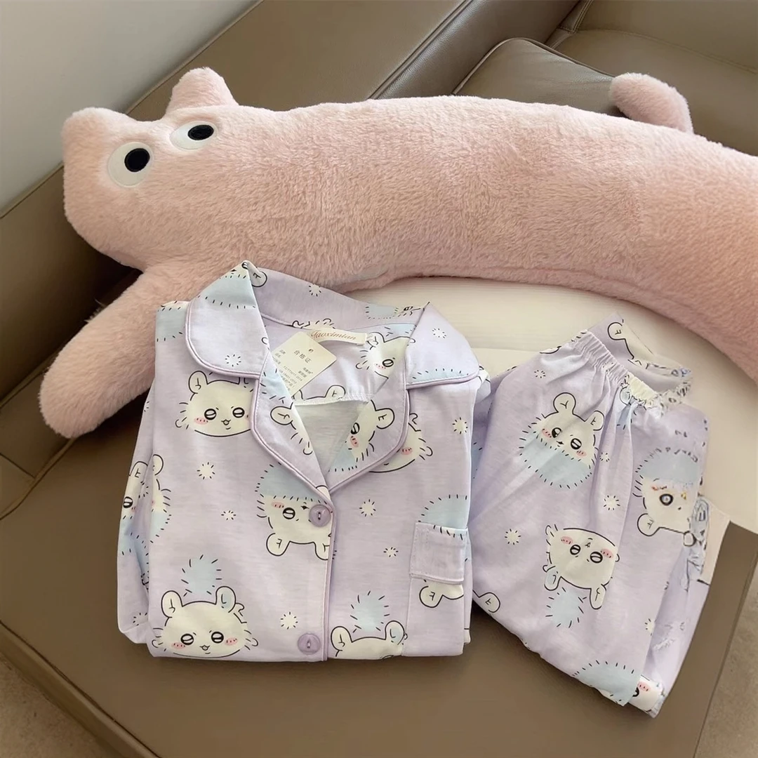 可爱飞鼠薄棉睡衣女春秋新款学生卡通日系吉伊卡哇长袖长裤家居服