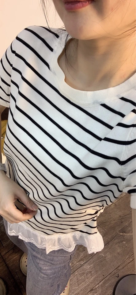 条纹蕾丝常规款拼接圆领短袖显瘦套头修身时尚韩版