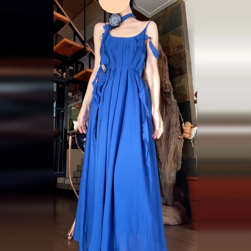 2025年夏季新款法式高级感蓝色吊带连衣裙女海边度假气质长裙9780