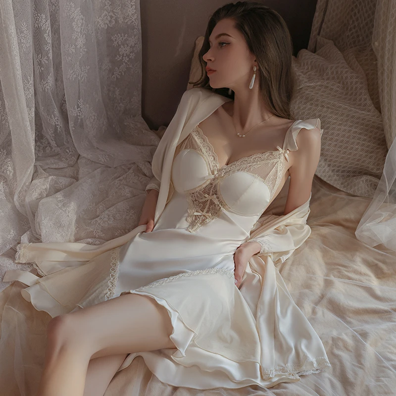 法式轻奢内衣透视网纱性感飞袖小胸吊带睡裙外袍女士睡衣家居服