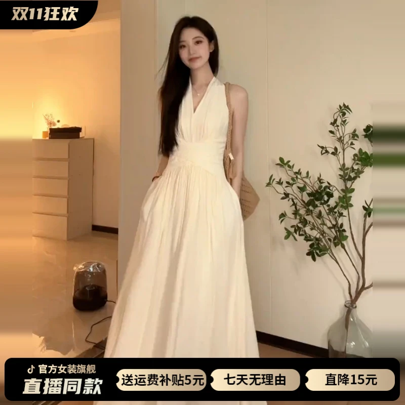 法式气质无袖挂脖v领连衣裙女2025夏季新款绝美收腰显瘦大摆长裙