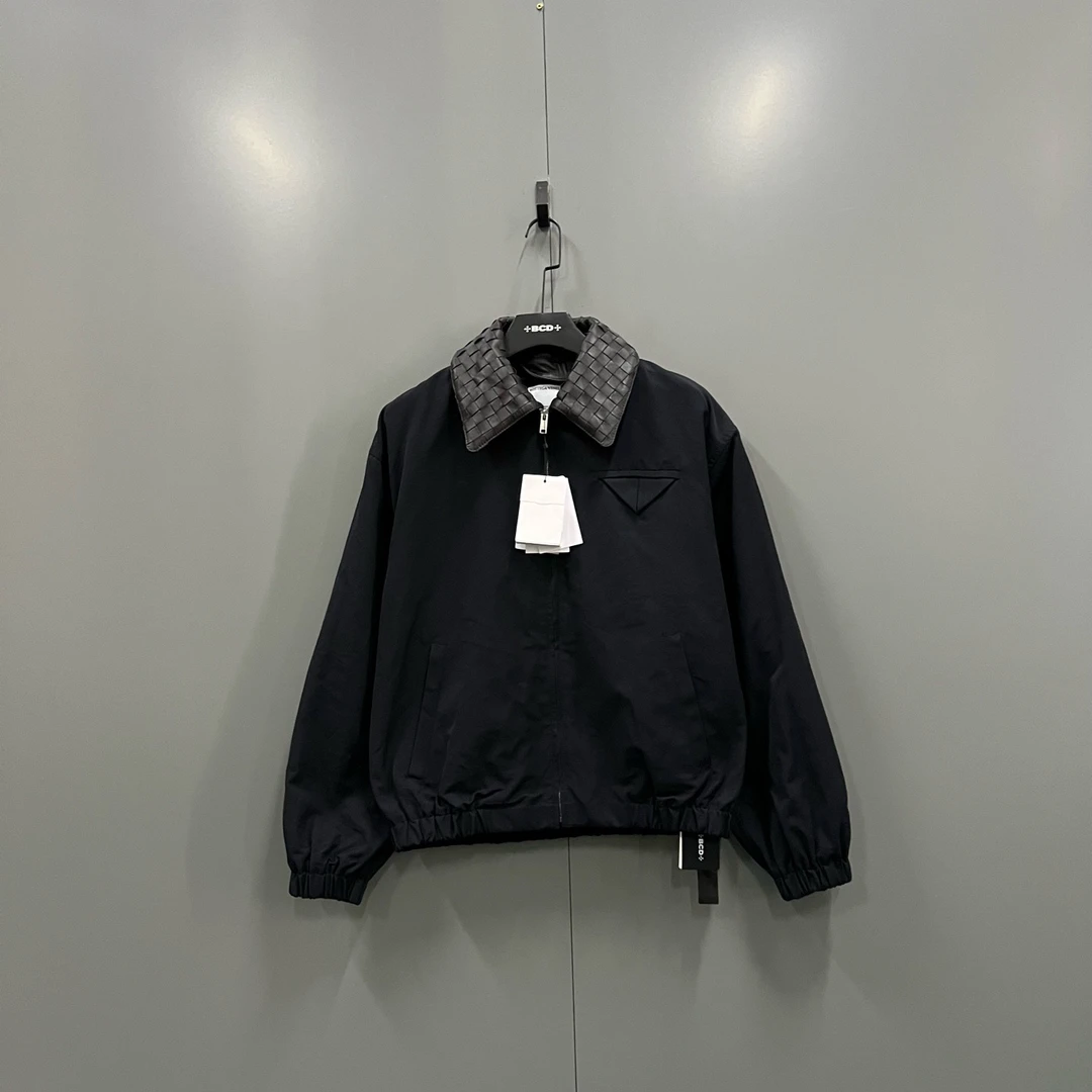 95新 BOTTEGA VENETA/葆蝶家 yyy 黑色编织皮领夹克 46码 017334