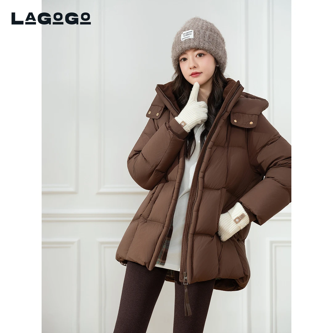 lagogo拉谷谷2025年新款巴恩风连帽保暖羽绒服女OCYY53XA48
