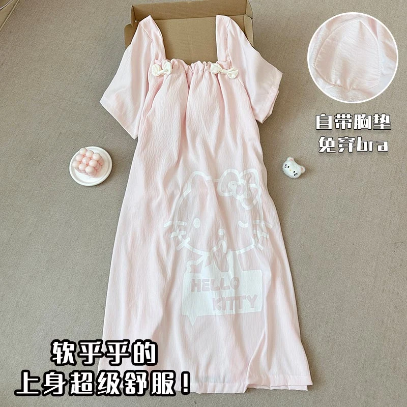 云朵棉睡裙女夏季短袖带胸垫甜美蝴蝶结可爱KT猫宽松睡衣家居服