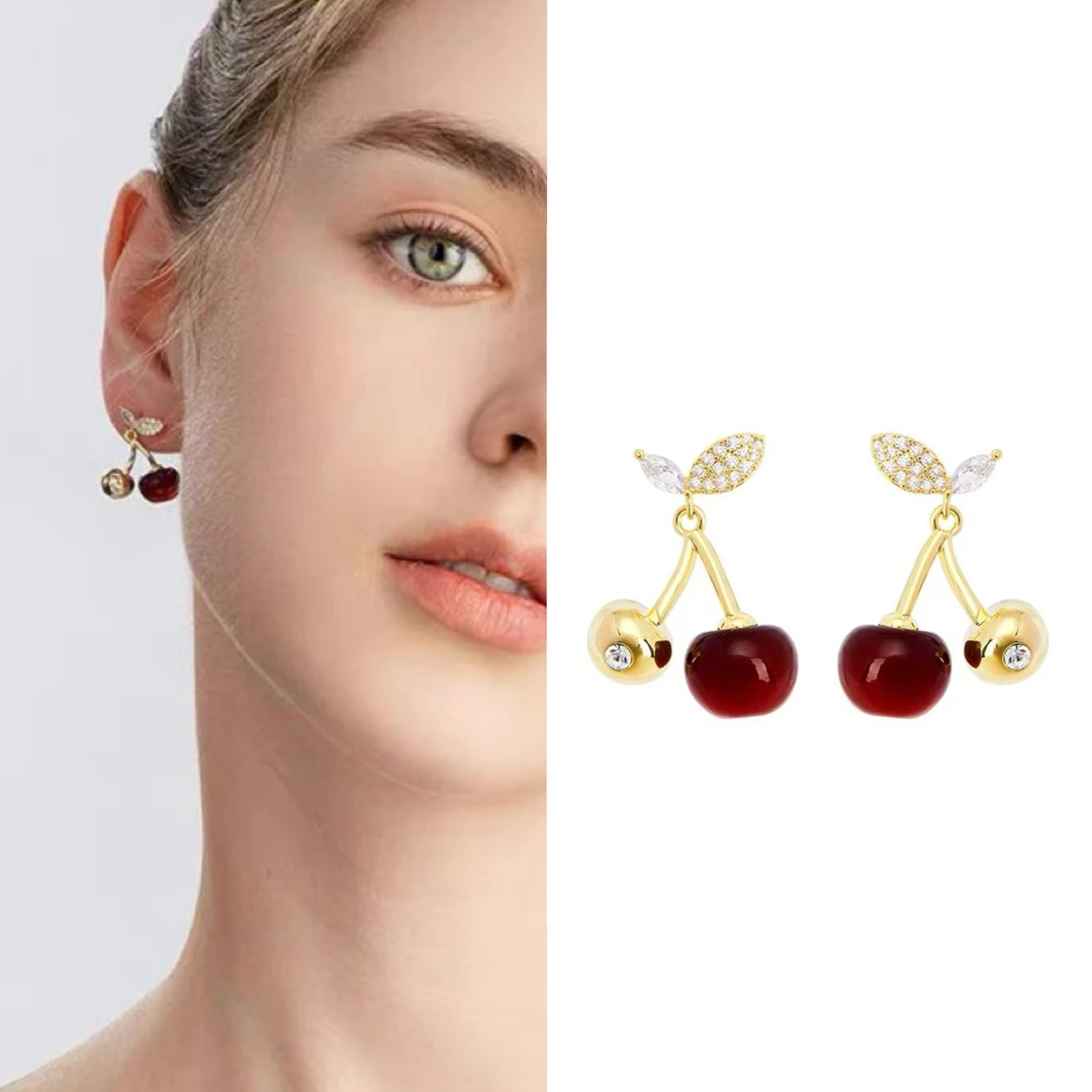 铜合金仿水晶耳饰 【NIKI】铜合金红色樱桃轻奢高级感新年耳钉秋冬