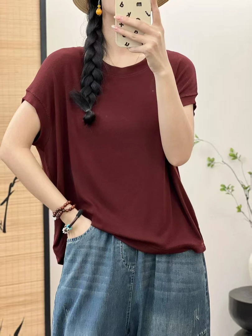 简约高弹棉质短袖T恤衫 夏季圆领纯色宽松大版休闲上衣女