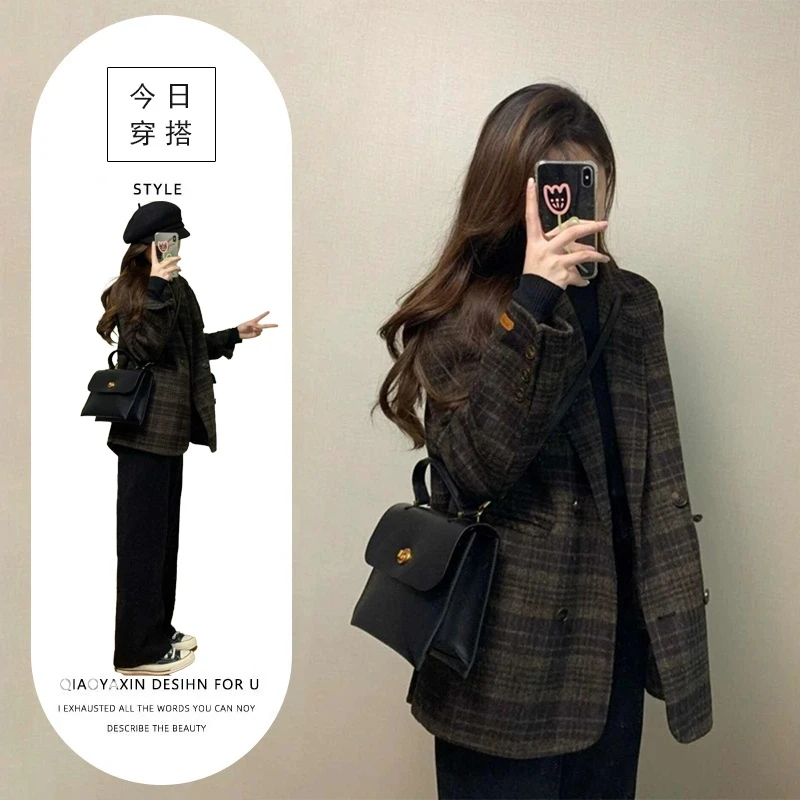 秋冬装搭配一整套大码微胖mm格子毛呢外套裤子复古时尚两件套装女