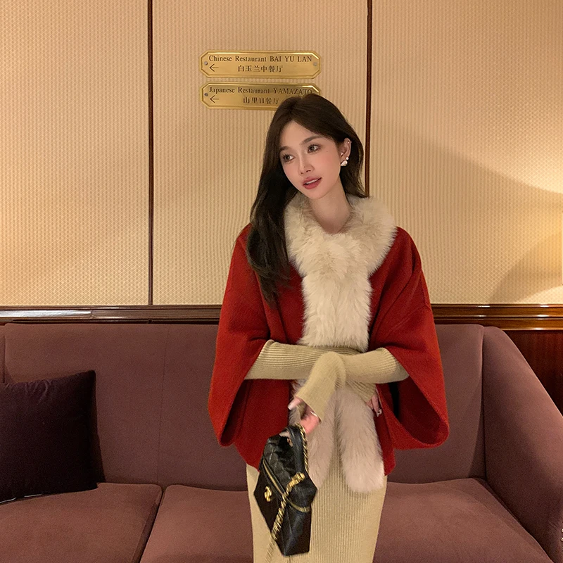 LMOMO温柔千金风贵气斗篷双面羊毛绒外套狐狸毛毛呢大衣秋冬S4073