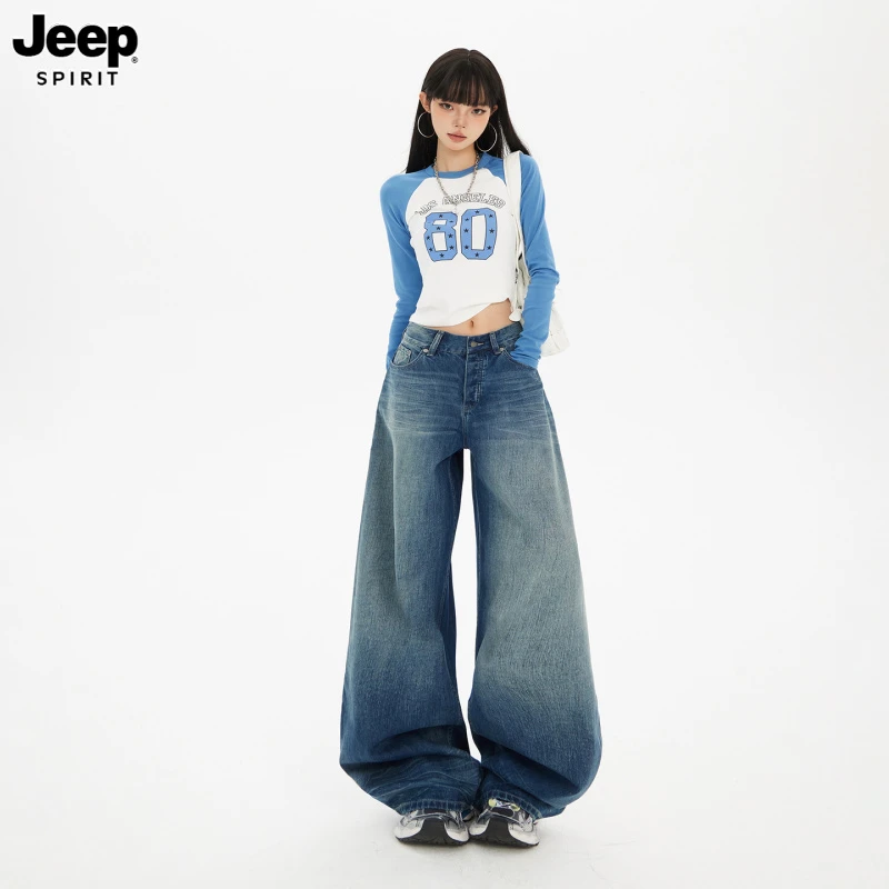 Jeep吉普复古蓝色直筒垂感牛仔裤女秋季宽松百搭显瘦阔腿拖地长裤