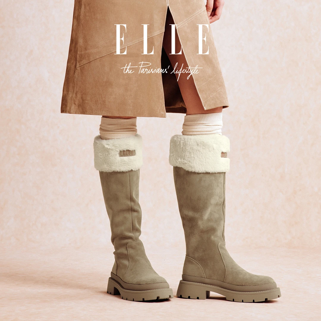 ELLE加绒厚底长筒棉鞋女2025冬季新款时尚高帮雪地靴百搭高筒靴子