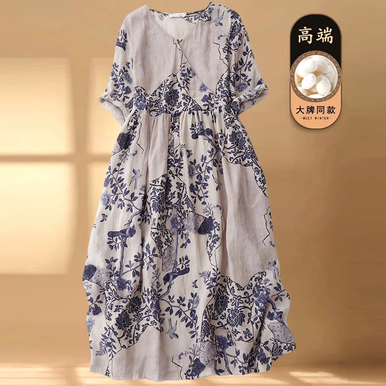 2025年新款春夏季时尚女装高端苎麻和服式连衣裙印花宽松复古裙子
