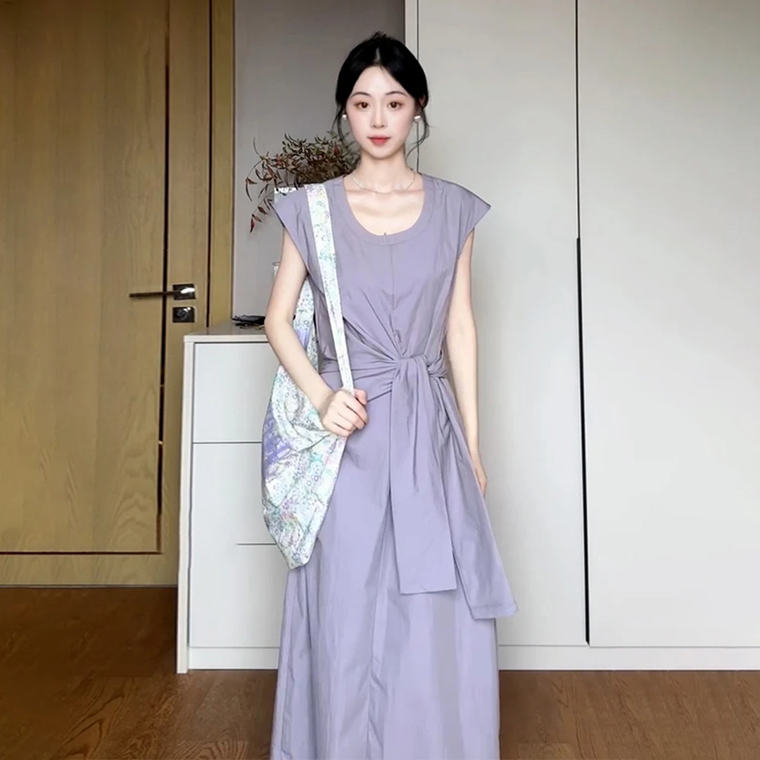 2025新款紫色连衣裙子女夏季高级感u领显瘦a字裙绑带气质长裙3778