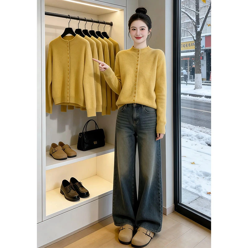 霖优【温馨冬日】单排扣毛衣针织衫女士2026秋冬季新款圆领显瘦上衣