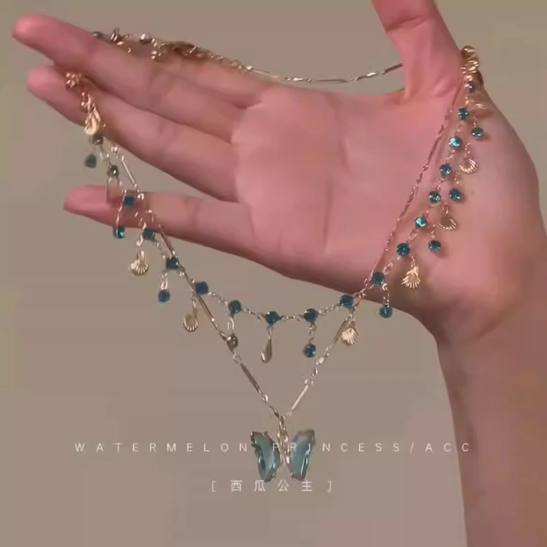 合金项链 「蓝蝶之恋」蓝色蝴蝶项链女款爆款双层叠戴锁骨链配饰