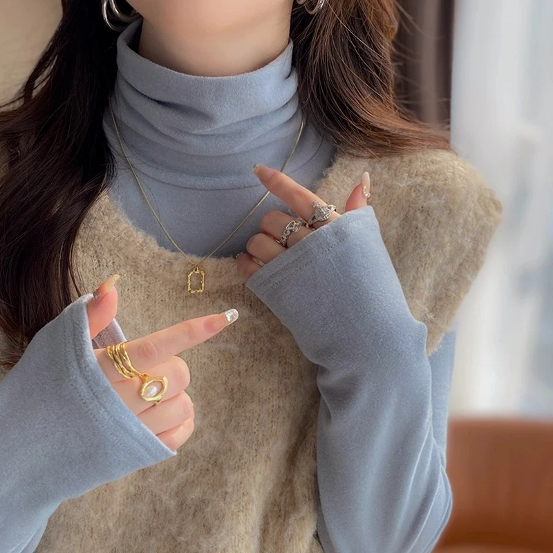 蓝色高领打底衫女2025新款秋冬高级感修身显瘦内搭德绒保暖上衣