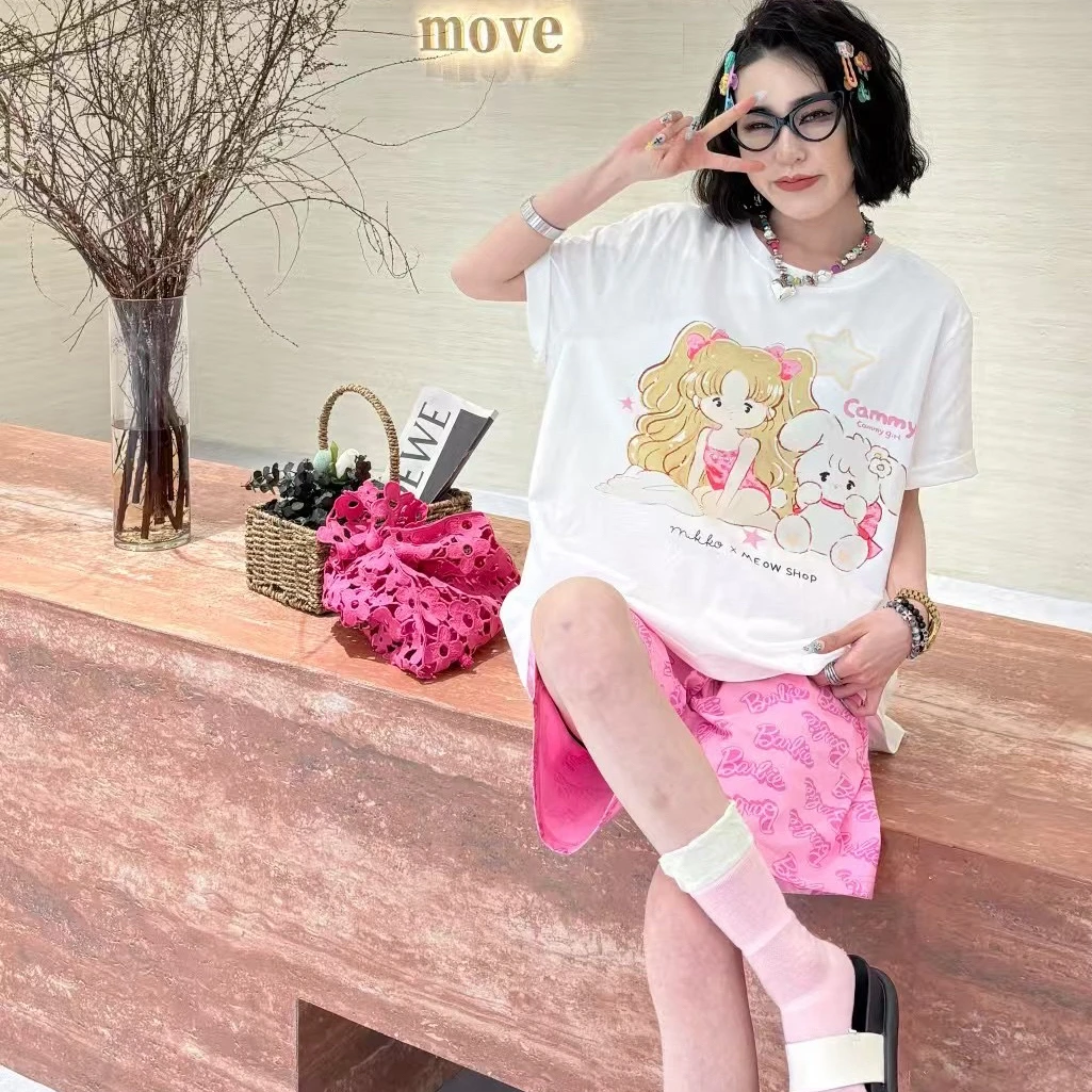 学院风夏季棉质透气少女兔卡通印花圆领短袖短裤家居服套装