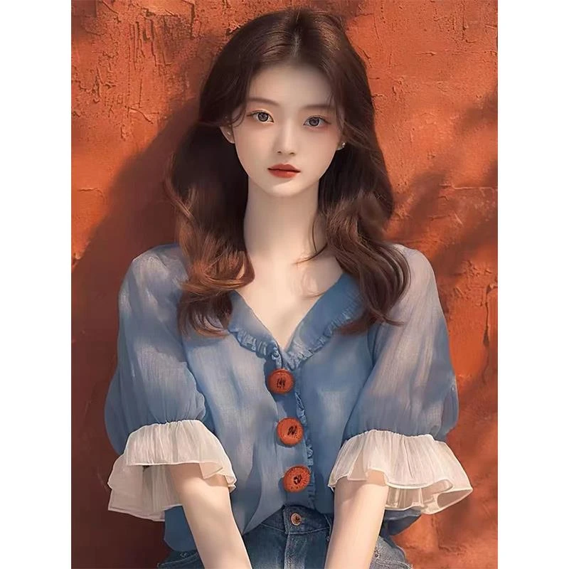 蓝色短袖衬衫女2024新款夏季独特漂亮小衫高级感别致法式雪纺上衣
