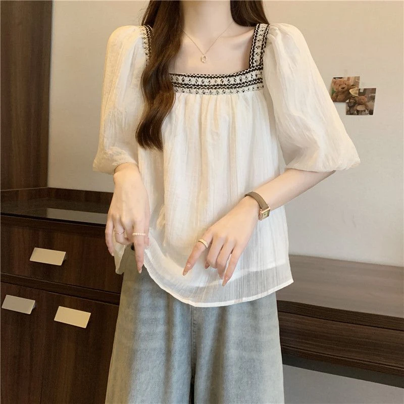 【清仓】夏季女装新款法式气质撞色泡泡袖方领衬衫夏季温柔小众娃娃