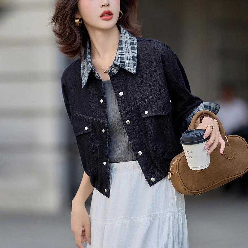 5858格纹拼接翻领牛仔外套女2025春秋新款小个子百搭夹克短款上衣