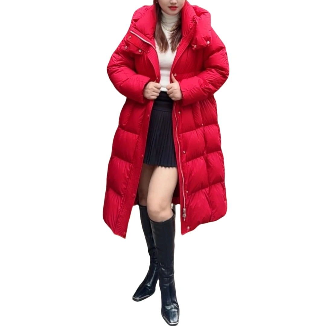 【洋玉服饰】冬季时尚加厚连帽过膝长款新国标90白鸭绒羽绒服外套