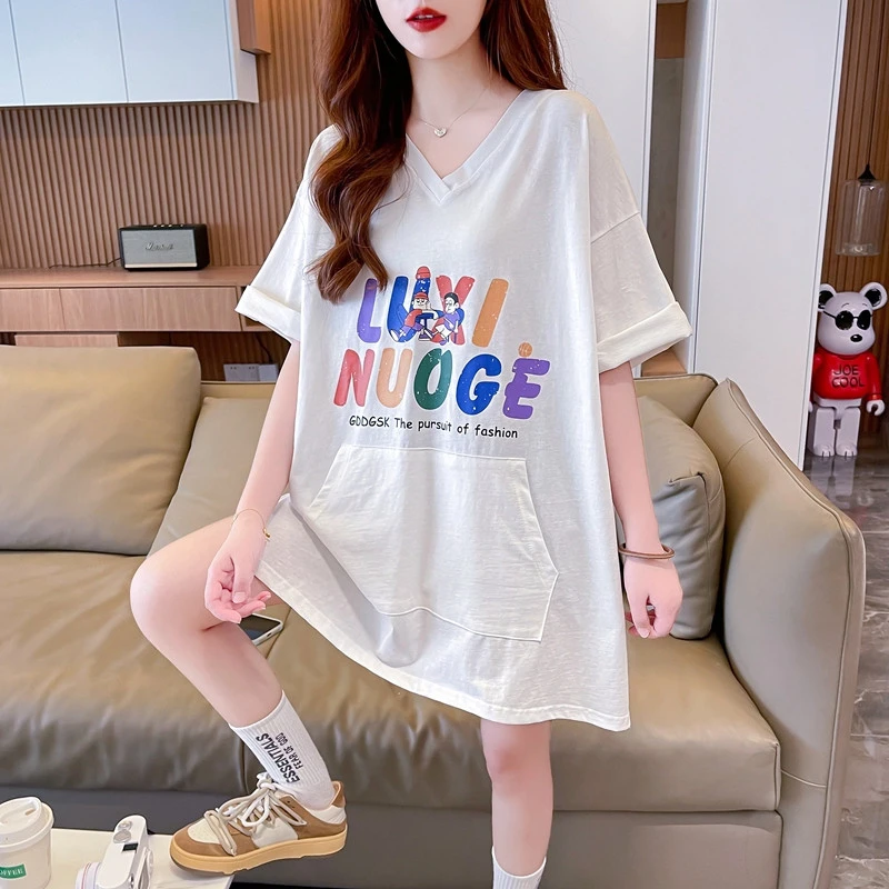 欧货大版棉v领短袖t恤女夏季胖mm大码200斤遮肚子显瘦百搭上衣