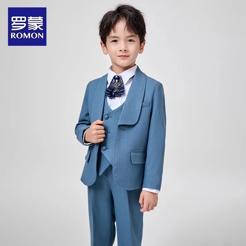 Romon/罗蒙男童韩系春秋单排扣学院风水波纹西服礼服男孩中大童