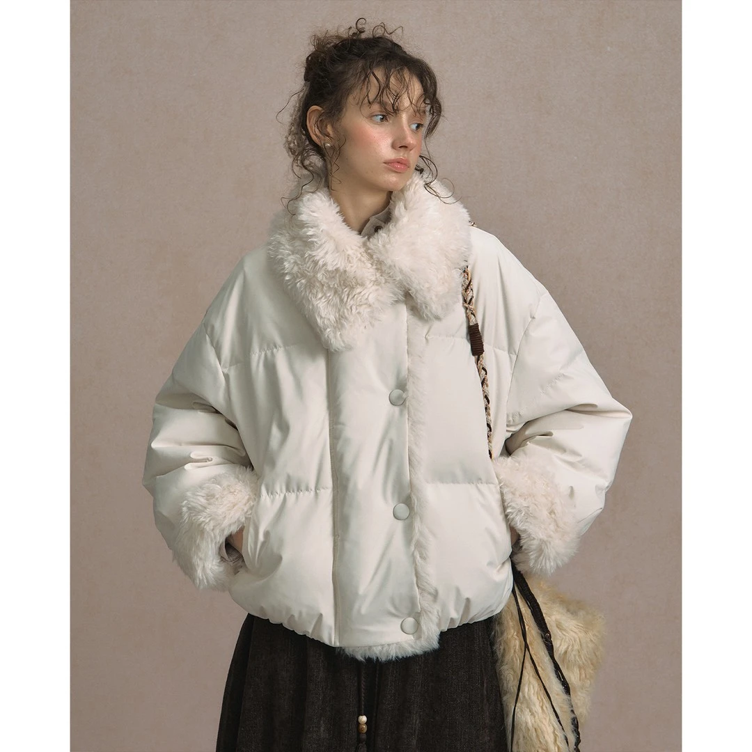【雪原呼吸】白色短款秋冬加厚保暖宽松小个子毛领设计感外套棉服