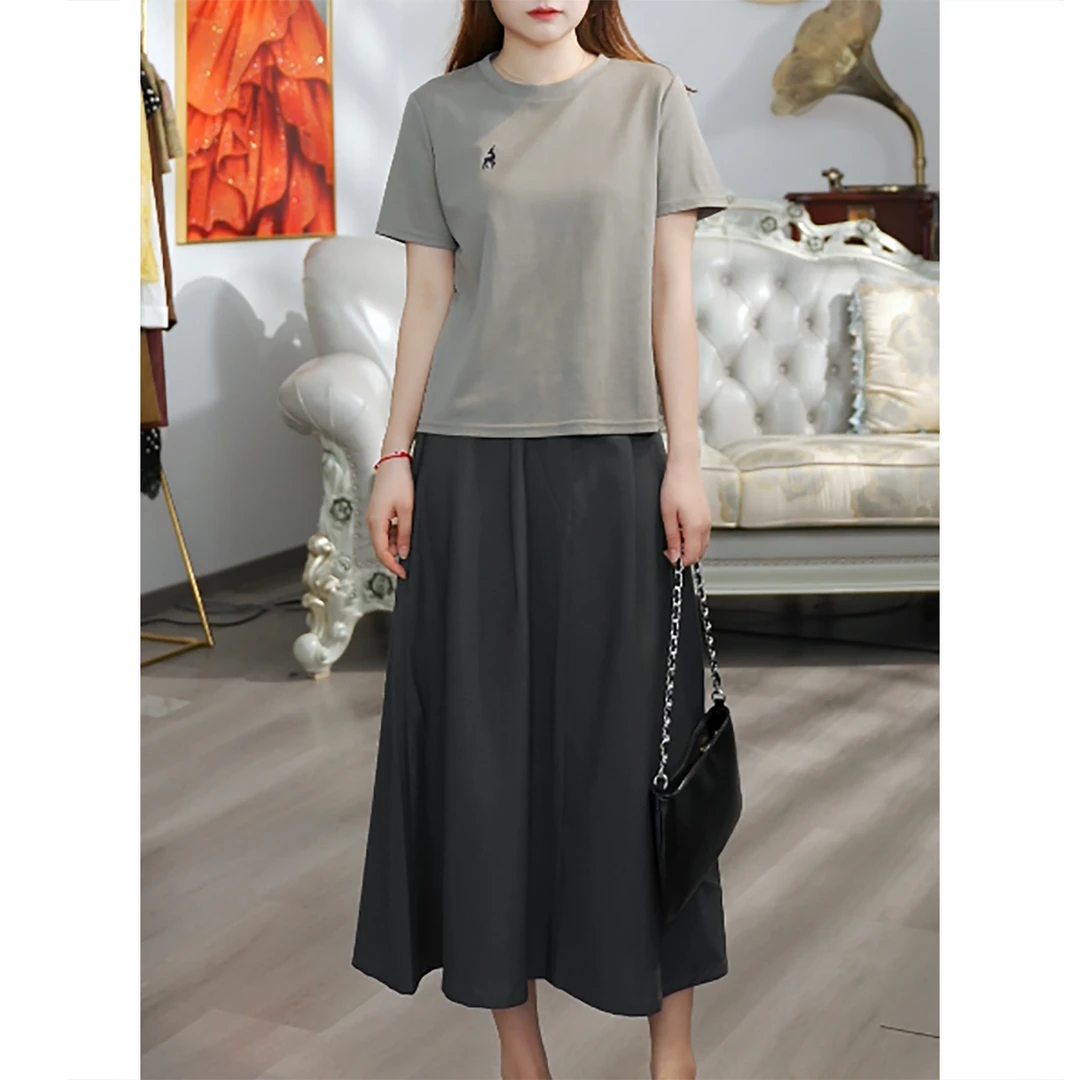 无印心匠D50214 刺绣小鹿短袖T恤搭配半身裙夏季新款套装K1610