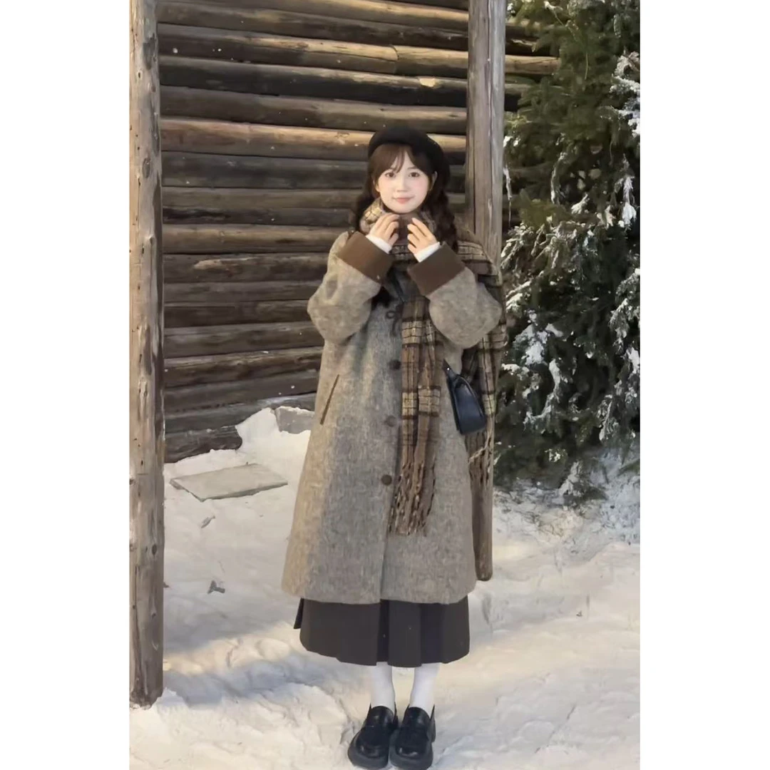 拼色立领毛呢大衣女秋冬中长款夹棉加厚宽松复古呢外套