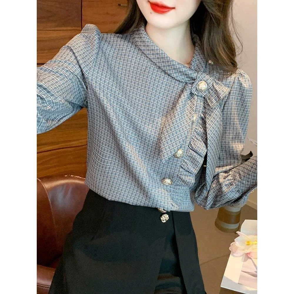 法式高级感雪纺衬衫女轻奢长袖格子上衣2025新款秋季洋气别致小衫