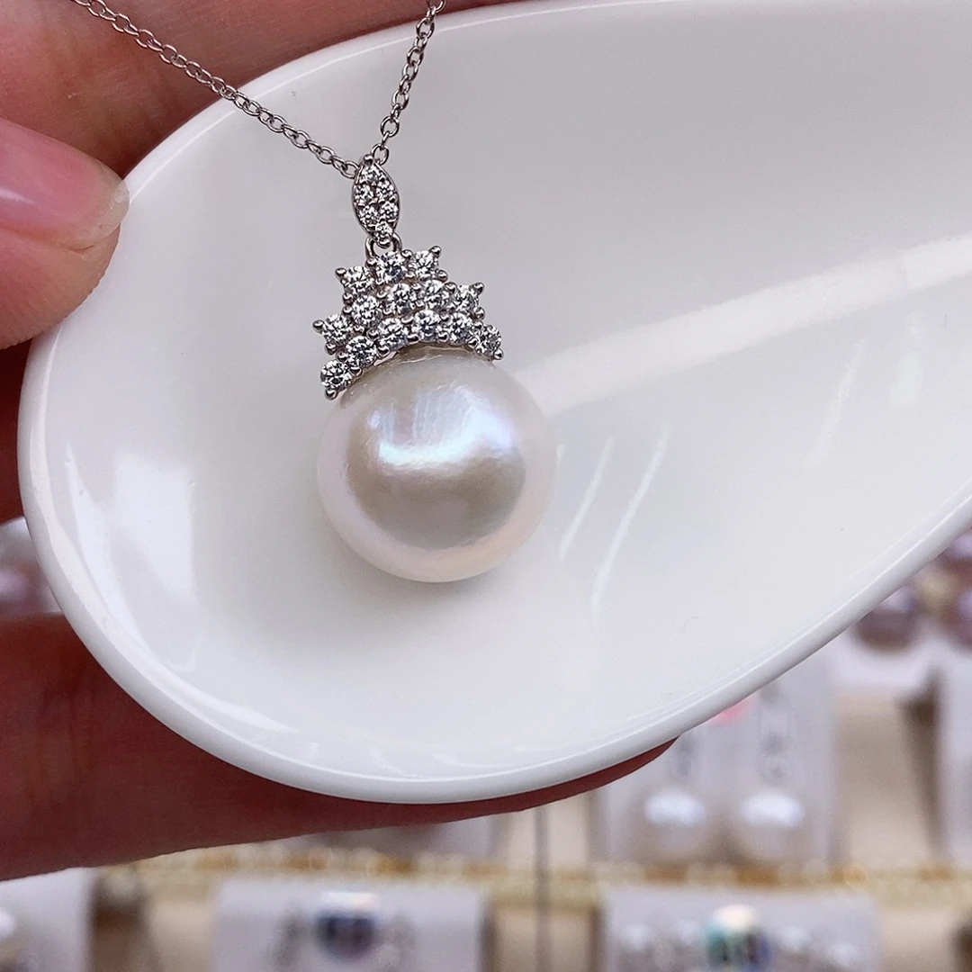 淡水珍珠银S925镶嵌吊坠(赠链)14/15mm微瑕