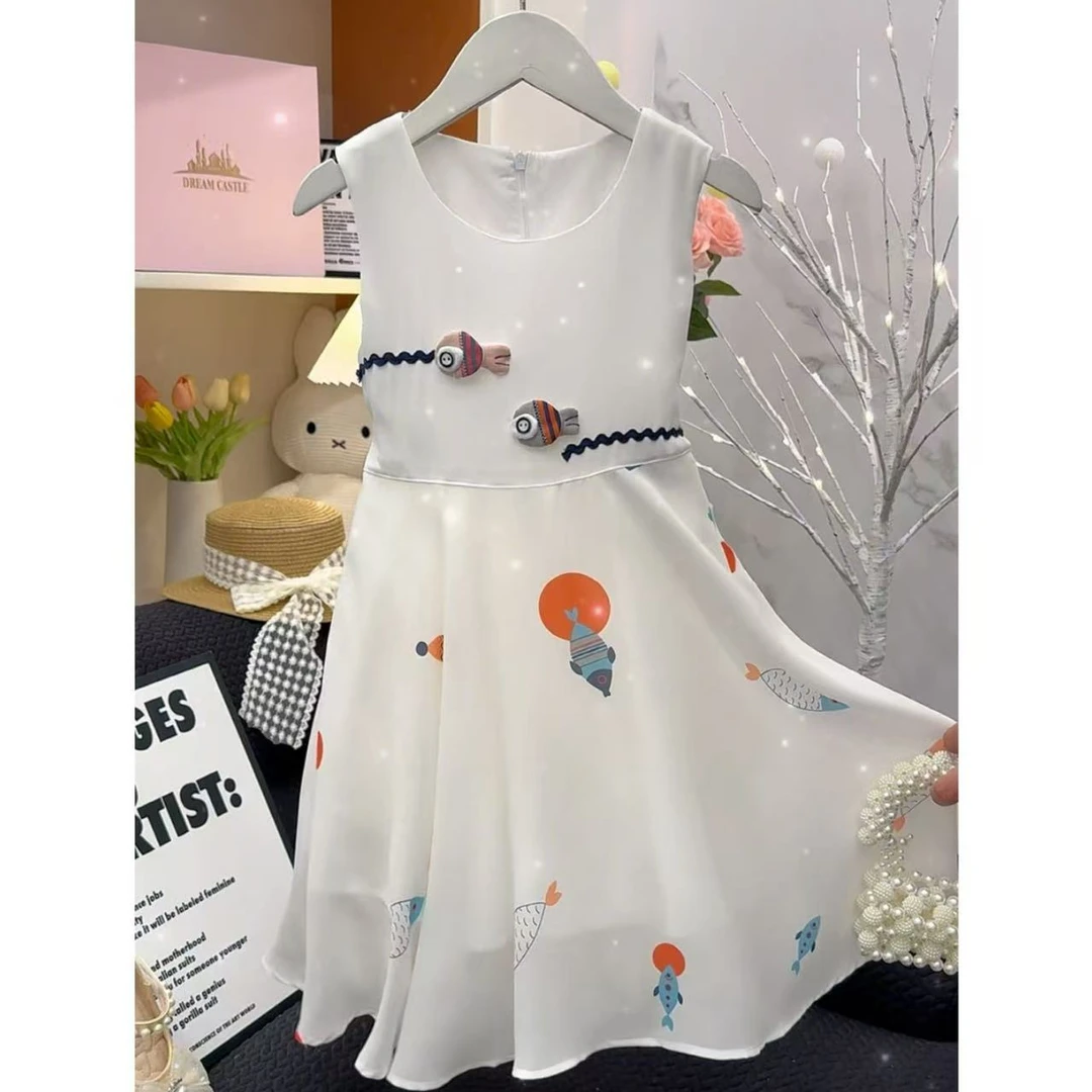 夏季新款女童小鱼雪纺凉爽儿童白色无袖连衣裙