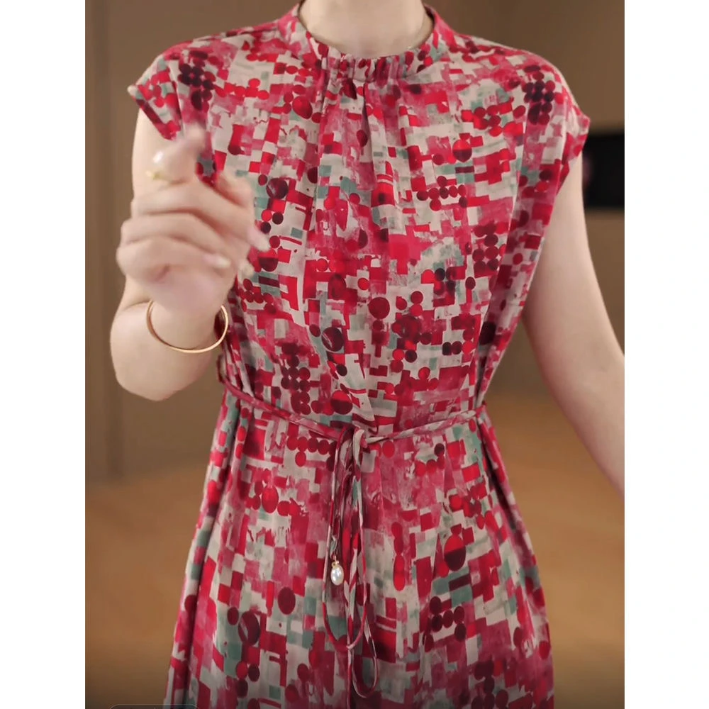 （送腰带）杭州原版正品2025年夏季新款气质优雅车厘子红连衣裙女