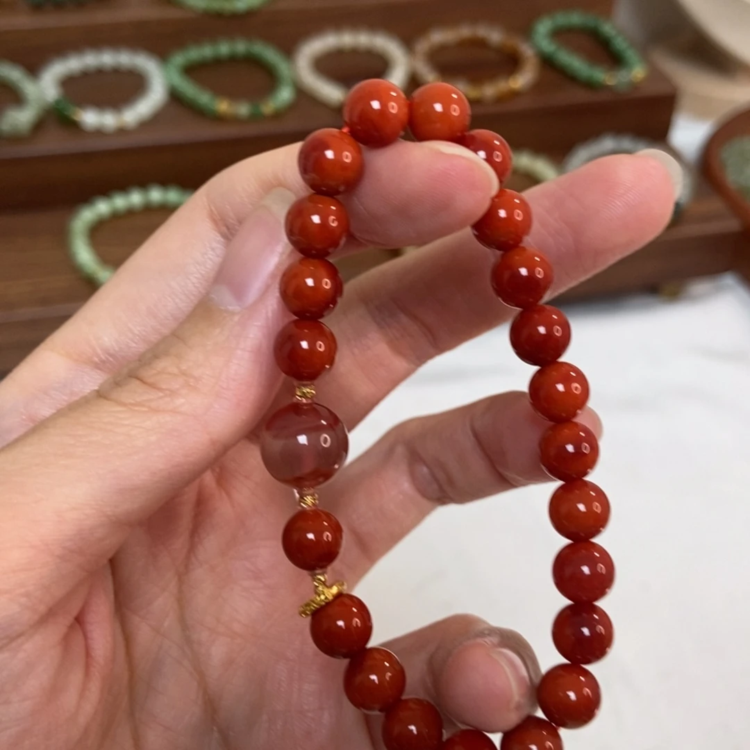 南红玛瑙18K金镶嵌手链7.5mm南红精品
